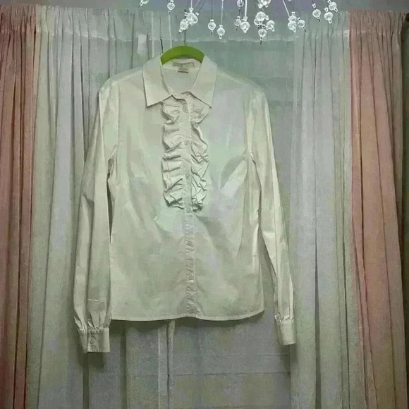 Micheal Micheal Kors Sz 8 Ivory Cream Ruffled Stretch Button Up item# 8J - Picture 1 of 5